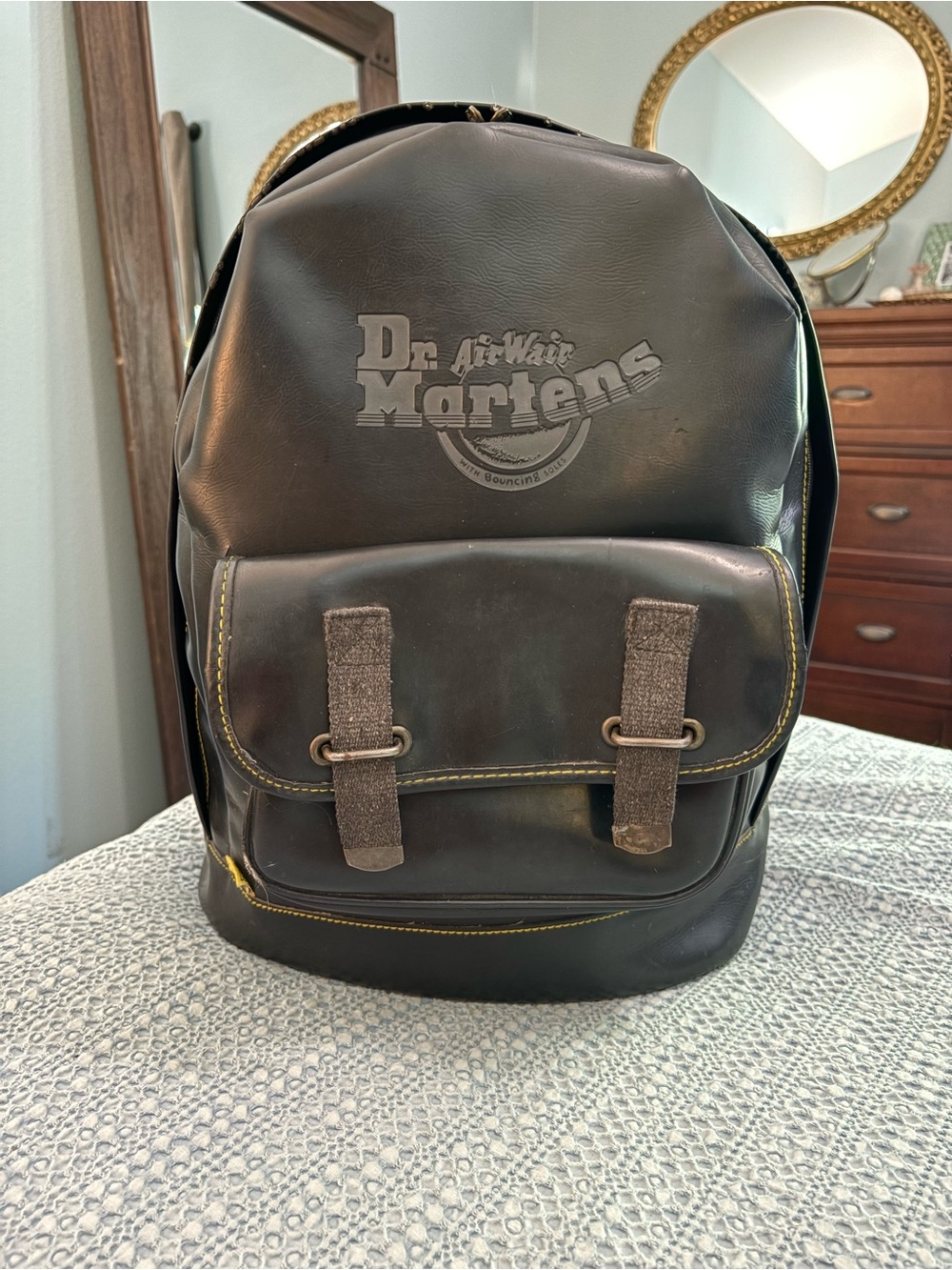 Rare Vintage Dr. Martens Black PVC Box Backpack Yellow Stitch Sole-Print Zipper